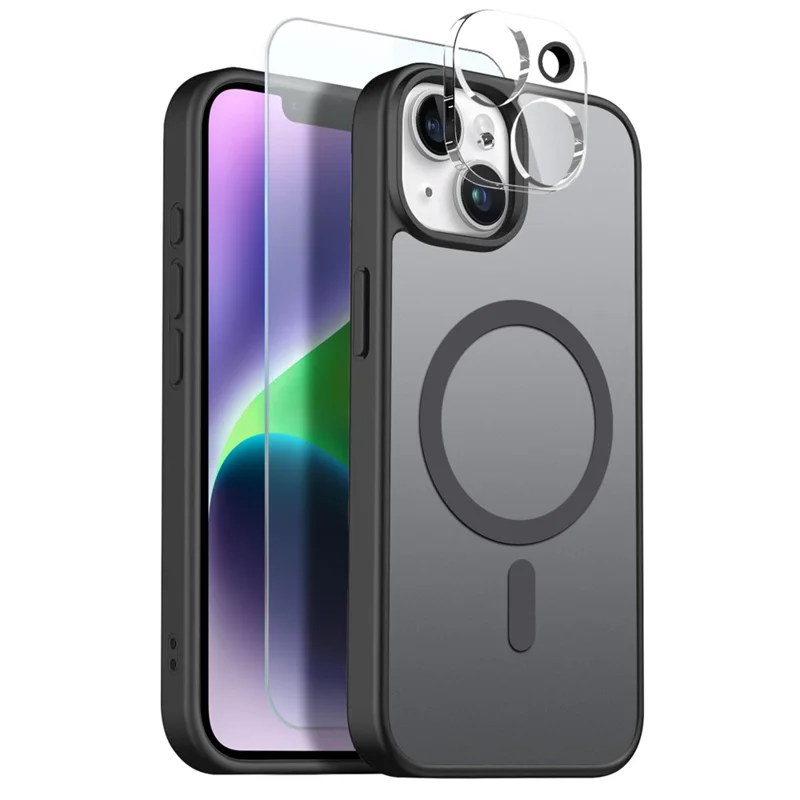 NORTHJO For iPhone 14 Magnetic Case Translucent Matte Shockproof Phone Cover Set with Front Screen Protector + Lens Film - Black