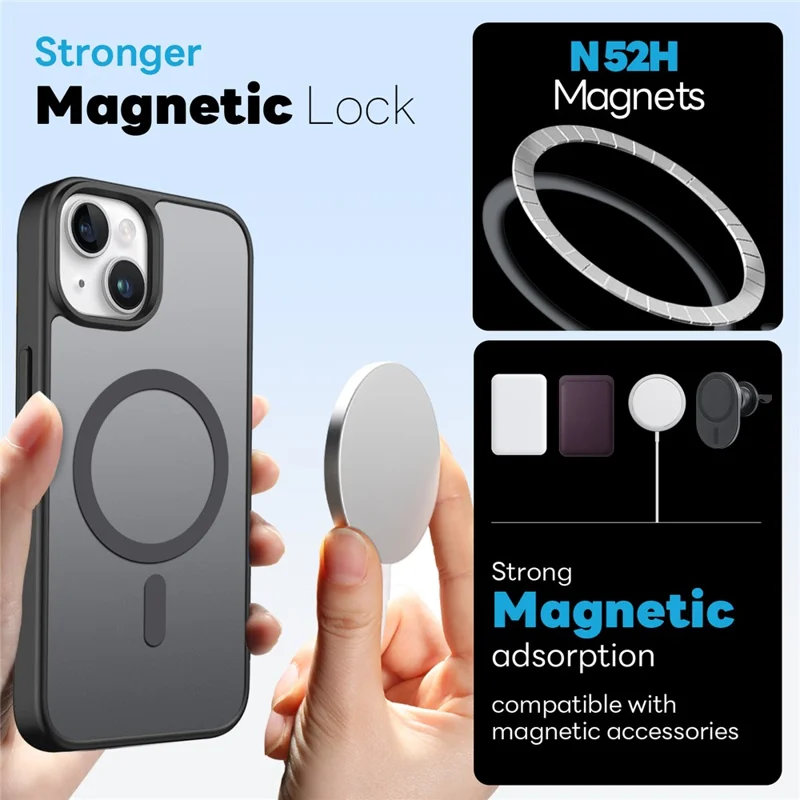 NORTHJO For iPhone 14 Magnetic Case Translucent Matte Shockproof Phone Cover Set with Front Screen Protector + Lens Film - Black