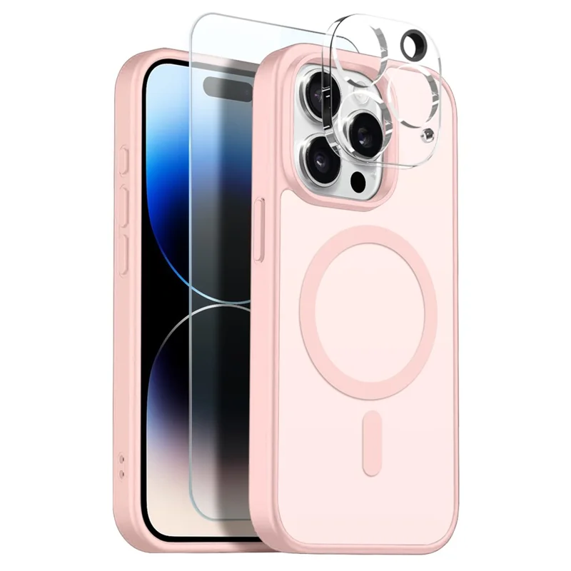 NORTHJO For iPhone 14 Pro Magnetic Case Translucent Matte Shockproof Phone Cover Set with Front Screen Protector + Lens Film - Pink