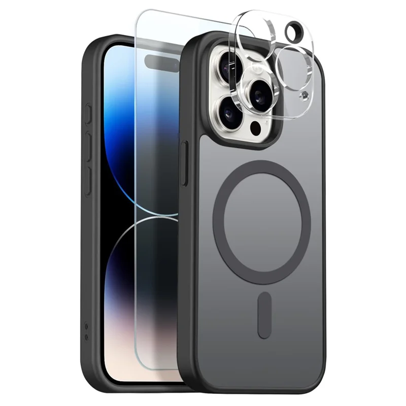 NORTHJO For iPhone 14 Pro Max Magnetic Case Translucent Matte Shockproof Phone Cover Set with Front Screen Protector + Lens Film - Black