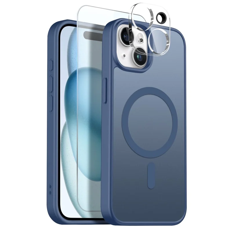NORTHJO For iPhone 15 Magnetic Case Translucent Matte Shockproof Phone Cover Set with Front Screen Protector + Lens Film - Blue
