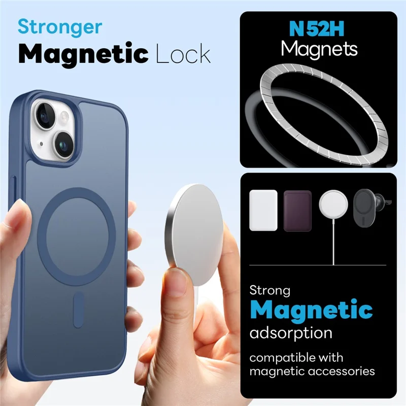 NORTHJO For iPhone 15 Magnetic Case Translucent Matte Shockproof Phone Cover Set with Front Screen Protector + Lens Film - Blue