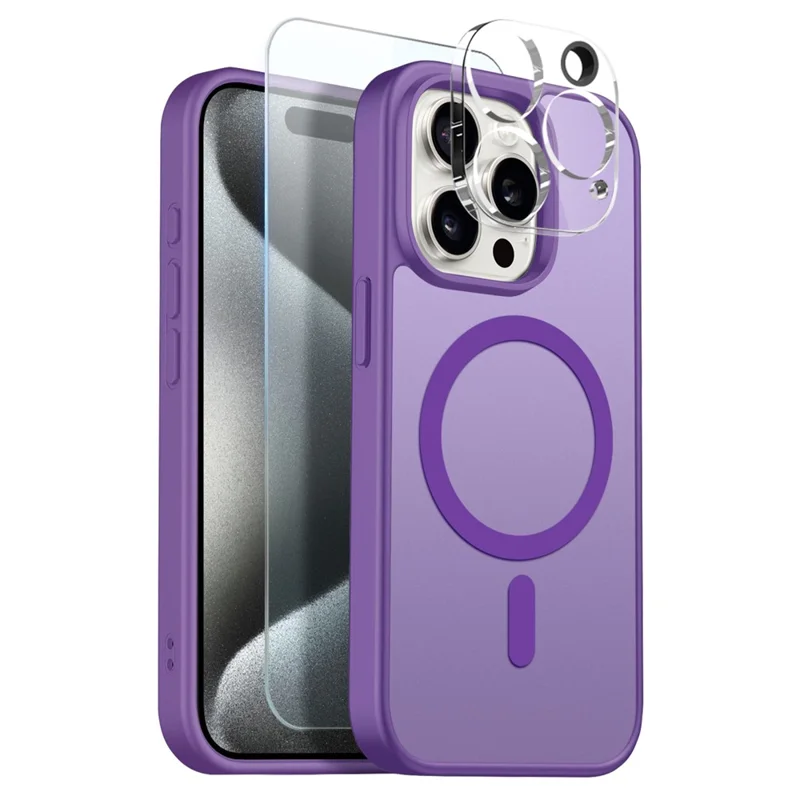 NORTHJO For iPhone 15 Pro Magnetic Case Translucent Matte Shockproof Phone Cover Set with Front Screen Protector + Lens Film - Purple