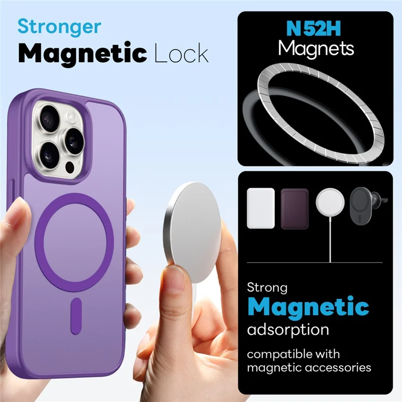 NORTHJO For iPhone 15 Pro Magnetic Case Translucent Matte Shockproof Phone Cover Set with Front Screen Protector + Lens Film - Purple