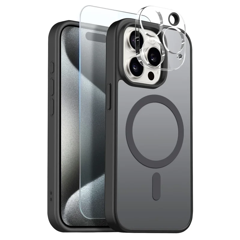 NORTHJO For iPhone 15 Pro Max Magnetic Case Translucent Matte Shockproof Phone Cover Set with Front Screen Protector + Lens Film - Black
