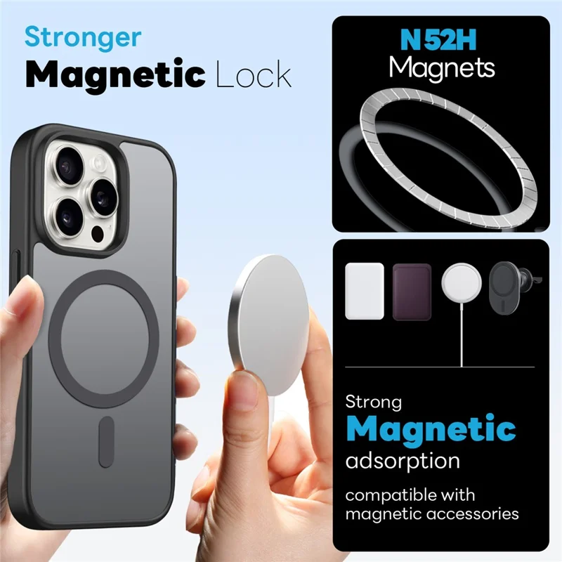 NORTHJO For iPhone 15 Pro Max Magnetic Case Translucent Matte Shockproof Phone Cover Set with Front Screen Protector + Lens Film - Black