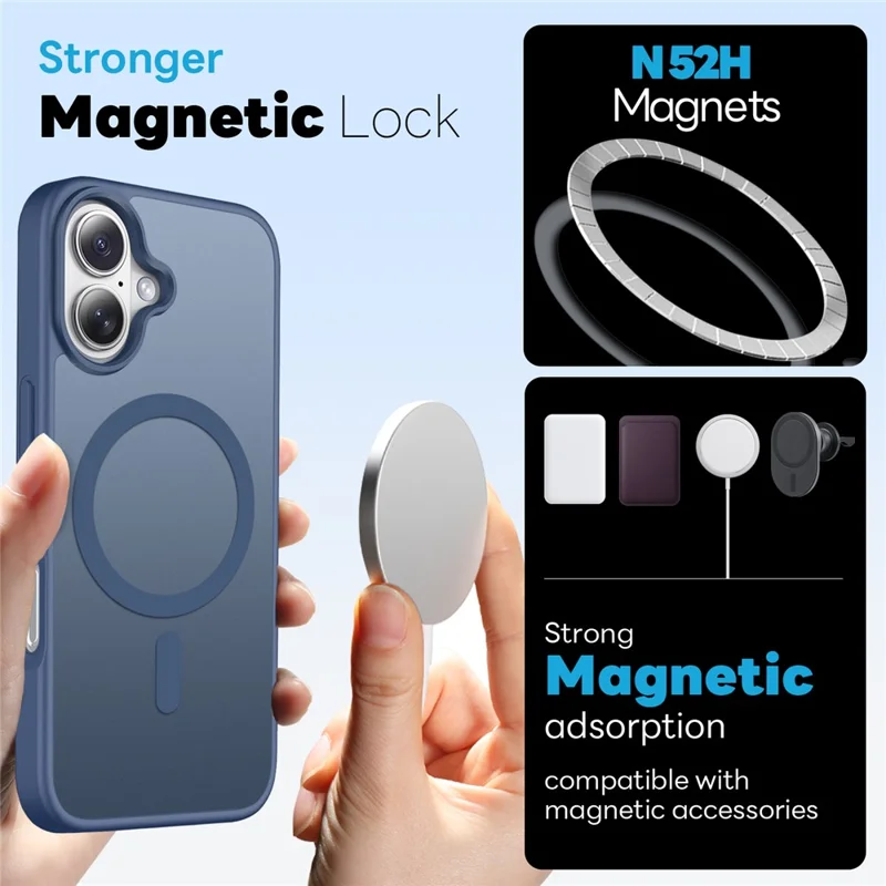 NORTHJO For iPhone 16 Magnetic Case Translucent Matte Shockproof Phone Cover Set with Front Screen Protector + Lens Film - Blue