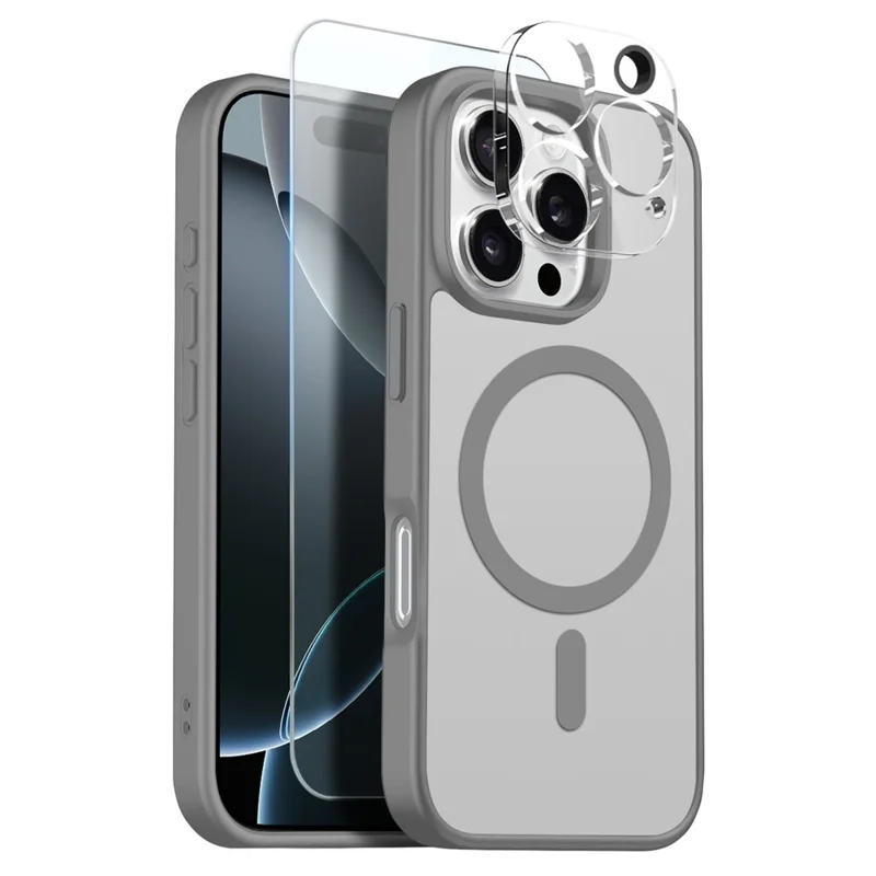 NORTHJO For iPhone 16 Pro Magnetic Case Translucent Matte Shockproof Phone Cover Set with Front Screen Protector + Lens Film - Grey