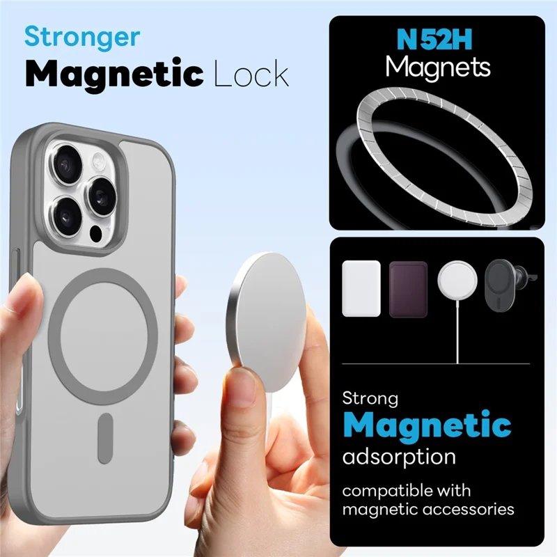 NORTHJO For iPhone 16 Pro Magnetic Case Translucent Matte Shockproof Phone Cover Set with Front Screen Protector + Lens Film - Grey
