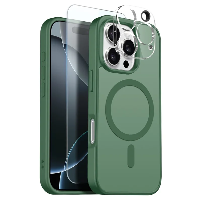 NORTHJO For iPhone 16 Pro Max Magnetic Case Translucent Matte Shockproof Phone Cover Set with Front Screen Protector + Lens Film - Green