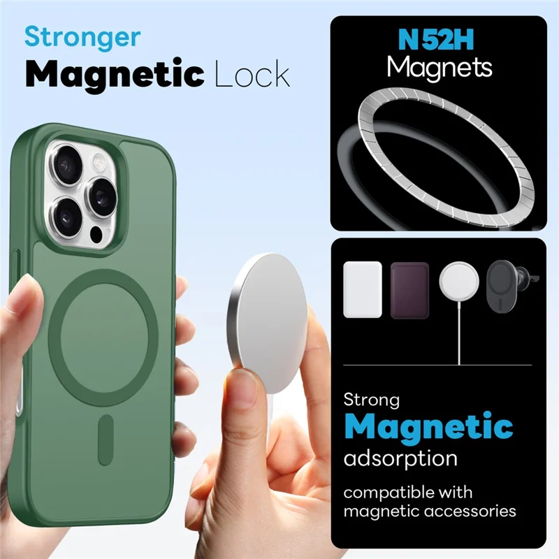 NORTHJO For iPhone 16 Pro Max Magnetic Case Translucent Matte Shockproof Phone Cover Set with Front Screen Protector + Lens Film - Green