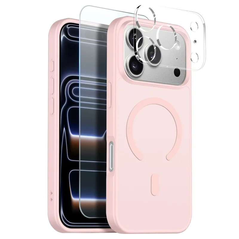 NORTHJO For iPhone 17 Pro Magnetic Case Translucent Matte Shockproof Phone Cover Set with Front Screen Protector + Lens Film - Pink