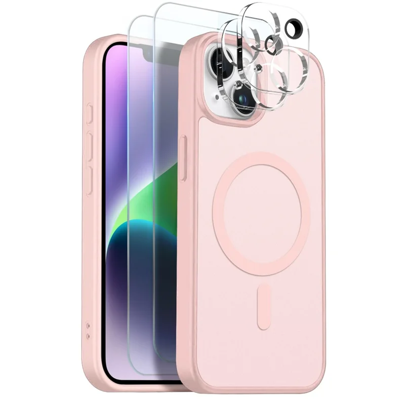 NORTHJO 5 in 1 Set for iPhone 14 Magnetic Case Translucent Matte Shockproof Phone Cover with 2Pcs Front Screen Protector + 2Pcs Lens Film - Pink