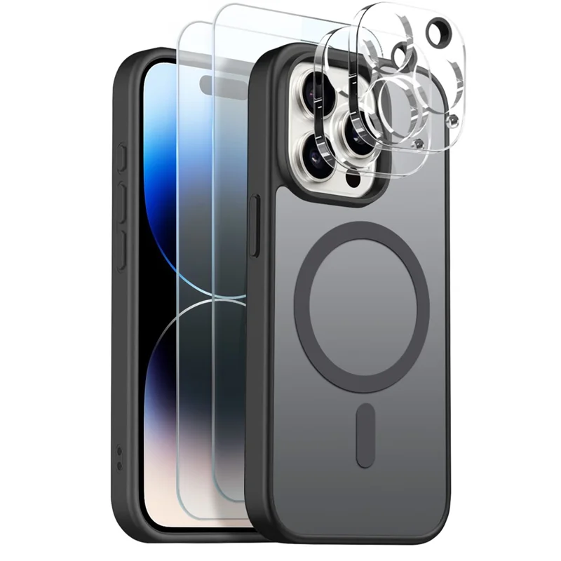 NORTHJO 5 in 1 Set for iPhone 14 Pro Magnetic Case Translucent Matte Shockproof Phone Cover with 2Pcs Front Screen Protector + 2Pcs Lens Film - Black