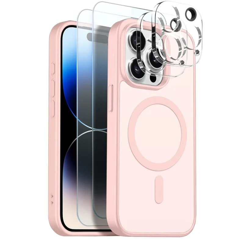 NORTHJO 5 in 1 Set for iPhone 14 Pro Max Magnetic Case Translucent Matte Shockproof Phone Cover with 2Pcs Front Screen Protector + 2Pcs Lens Film - Pink