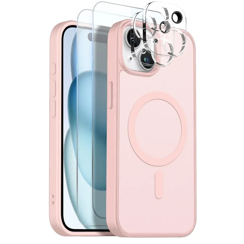 NORTHJO 5 in 1 Set for iPhone 15 Magnetic Case Translucent Matte Shockproof Phone Cover with 2Pcs Front Screen Protector + 2Pcs Lens Film - Pink