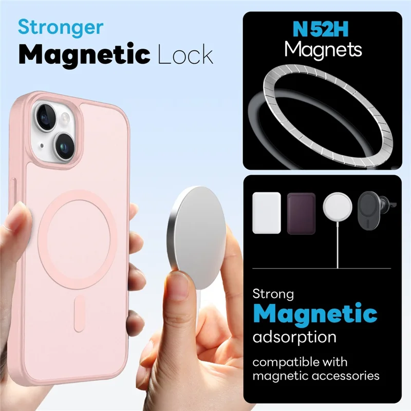NORTHJO 5 in 1 Set for iPhone 15 Magnetic Case Translucent Matte Shockproof Phone Cover with 2Pcs Front Screen Protector + 2Pcs Lens Film - Pink