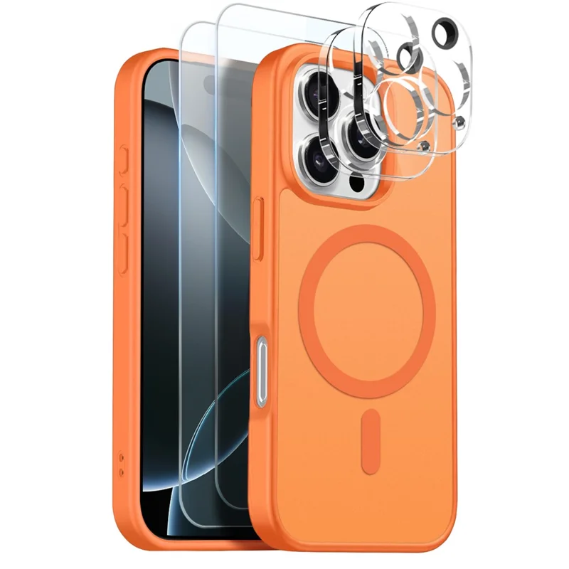 NORTHJO 5 in 1 Set for iPhone 16 Pro Magnetic Case Translucent Matte Shockproof Phone Cover with 2Pcs Front Screen Protector + 2Pcs Lens Film - Orange