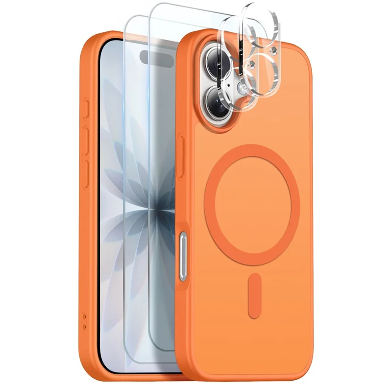 NORTHJO 5 in 1 Set for iPhone 17 Magnetic Case Translucent Matte Shockproof Phone Cover with 2Pcs Front Screen Protector + 2Pcs Lens Film - Orange