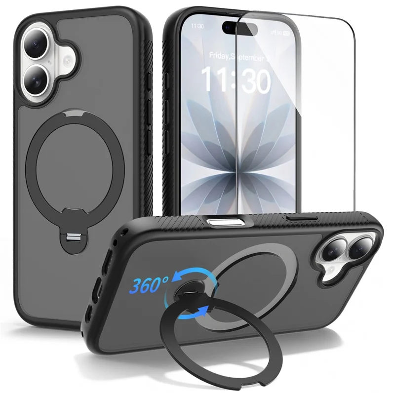 For iPhone 17 Magnetic Case Matte TPU Shockproof Phone Cover with Kickstand and Tempered Glass - Black