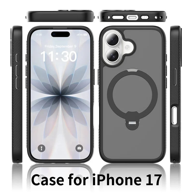 For iPhone 17 Magnetic Case Matte TPU Shockproof Phone Cover with Kickstand and Tempered Glass - Black