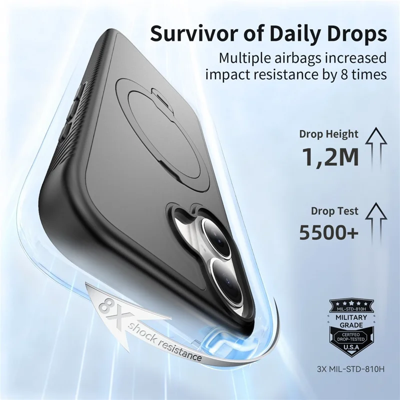For iPhone 17 Magnetic Case Matte TPU Shockproof Phone Cover with Kickstand and Tempered Glass - Black