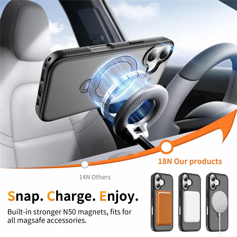 For iPhone 17 Magnetic Case Matte TPU Shockproof Phone Cover with Kickstand and Tempered Glass - Black