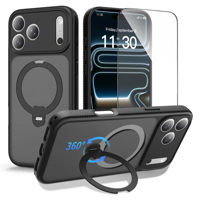 For iPhone 17 Pro Magnetic Case Matte TPU Shockproof Phone Cover with Kickstand and Tempered Glass - Black