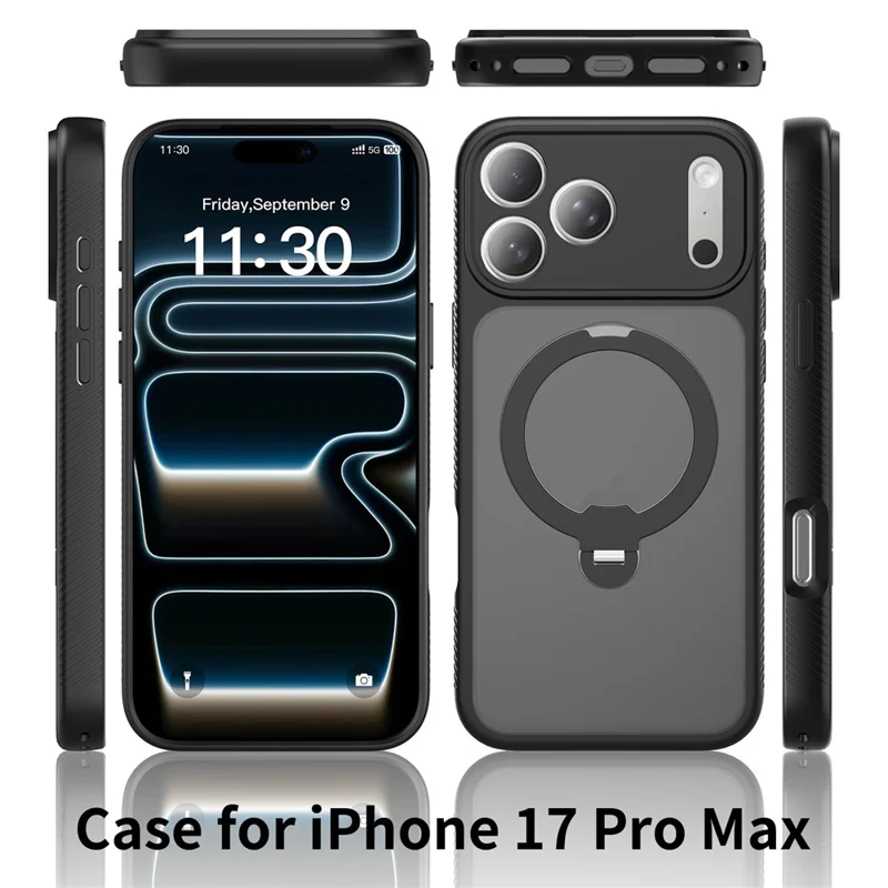 For iPhone 17 Pro Magnetic Case Matte TPU Shockproof Phone Cover with Kickstand and Tempered Glass - Black