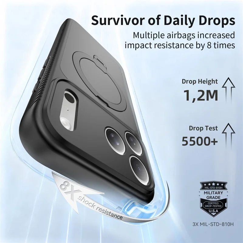 For iPhone 17 Pro Magnetic Case Matte TPU Shockproof Phone Cover with Kickstand and Tempered Glass - Black