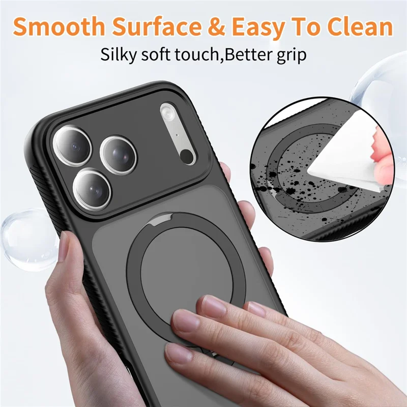 For iPhone 17 Pro Magnetic Case Matte TPU Shockproof Phone Cover with Kickstand and Tempered Glass - Black