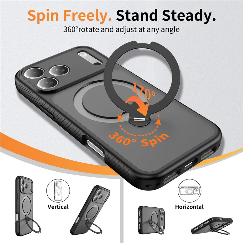 For iPhone 17 Pro Magnetic Case Matte TPU Shockproof Phone Cover with Kickstand and Tempered Glass - Black