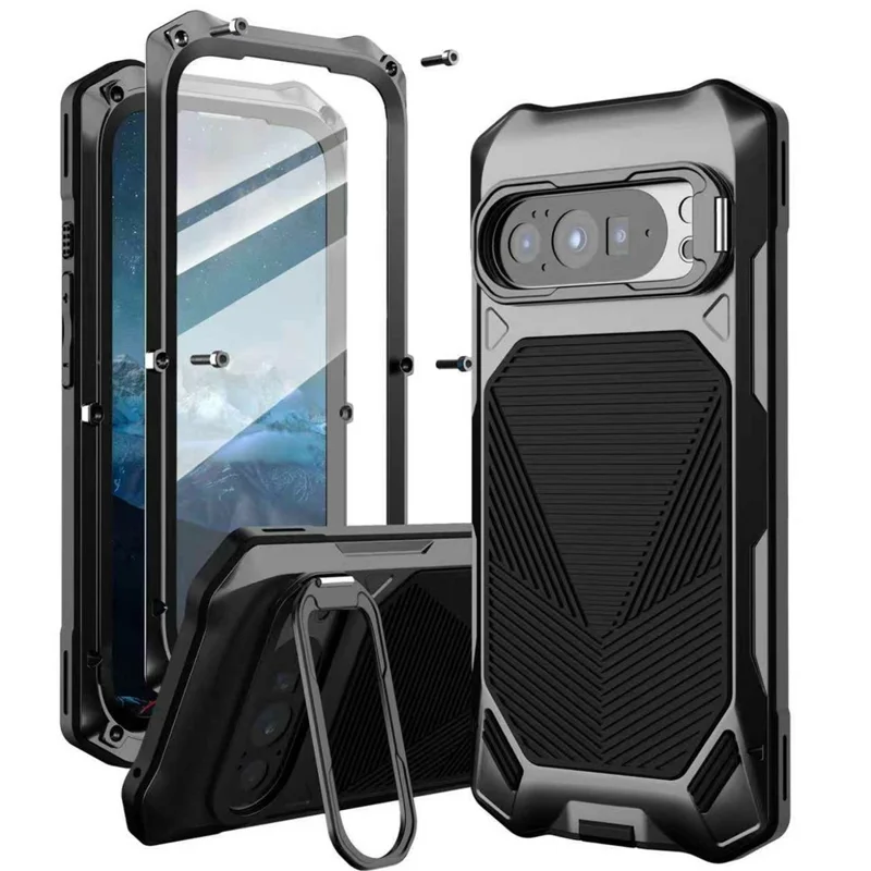 Magnetic Case For Google Pixel 10 Pro  /  10  /  9 Pro  /  9 Military Grade Shockproof Metal Silicone Cover with Lens Frame Kickstand - Black