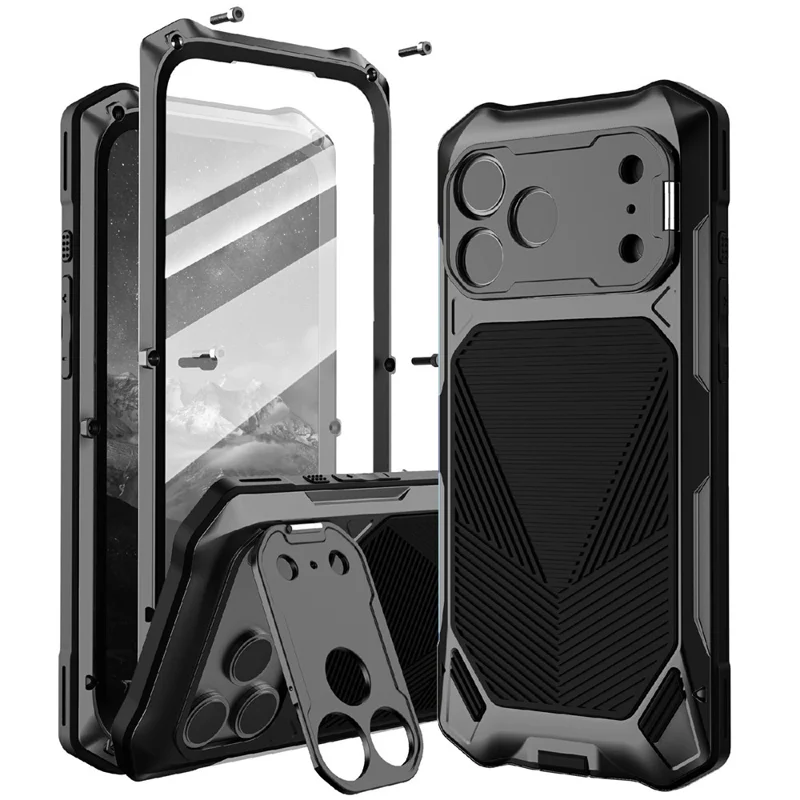 For iPhone 17 Pro Max Magnetic Case Military Grade Shockproof Metal Silicone Cover with Lens Frame Kickstand - Black