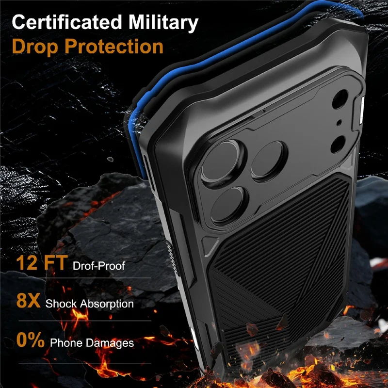 For iPhone 17 Pro Max Magnetic Case Military Grade Shockproof Metal Silicone Cover with Lens Frame Kickstand - Black