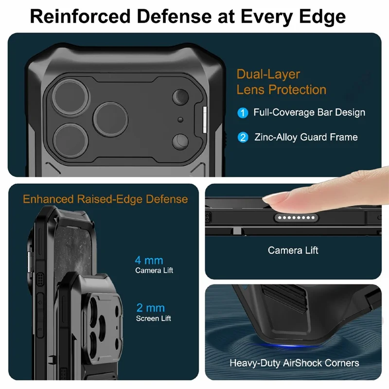 For iPhone 17 Pro Max Magnetic Case Military Grade Shockproof Metal Silicone Cover with Lens Frame Kickstand - Black