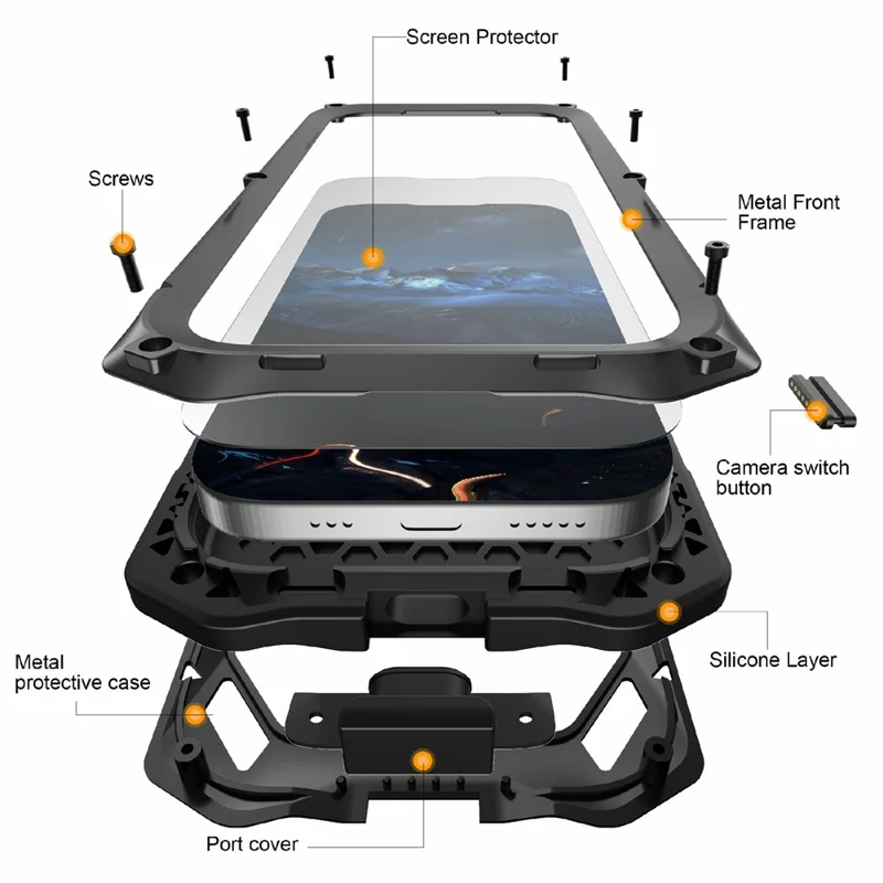 For iPhone 17 Pro Max Magnetic Case Military Grade Shockproof Metal Silicone Cover with Lens Frame Kickstand - Black