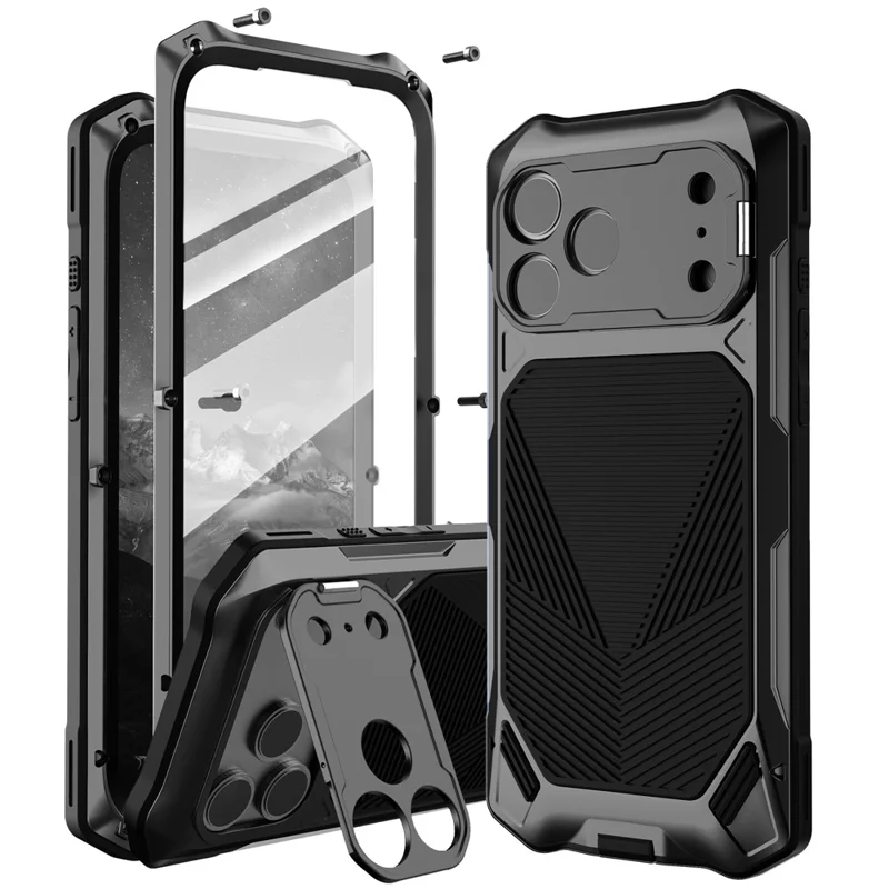 For iPhone 17 Pro Magnetic Case Military Grade Shockproof Metal Silicone Cover with Lens Frame Kickstand - Black