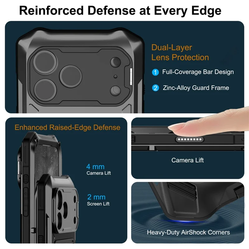 For iPhone 17 Pro Magnetic Case Military Grade Shockproof Metal Silicone Cover with Lens Frame Kickstand - Black