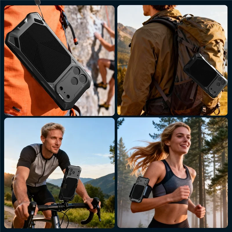 For iPhone 17 Pro Magnetic Case Military Grade Shockproof Metal Silicone Cover with Lens Frame Kickstand - Black