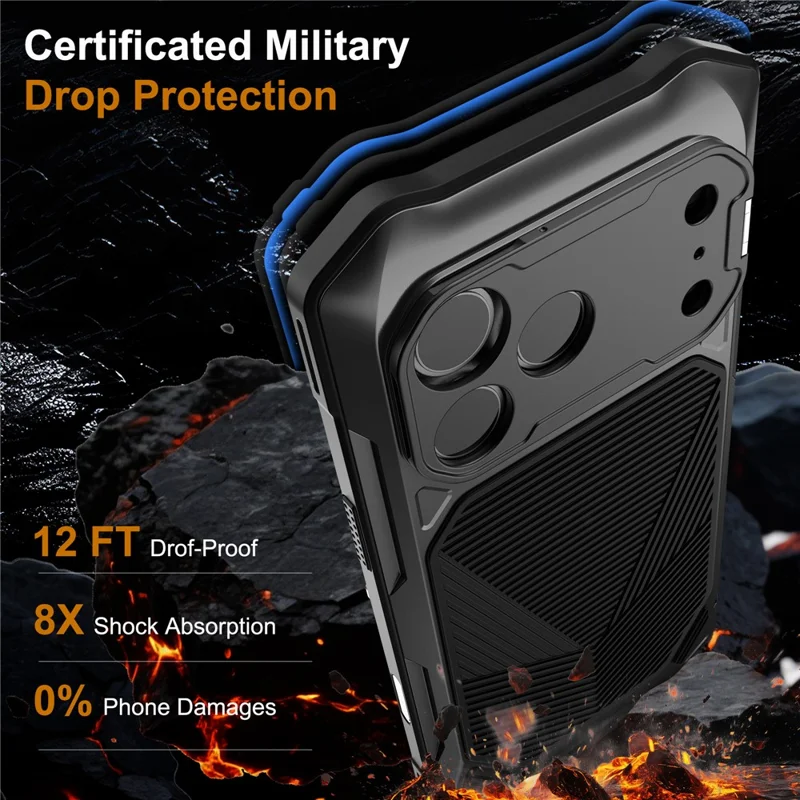 For iPhone 17 Pro Magnetic Case Military Grade Shockproof Metal Silicone Cover with Lens Frame Kickstand - Black