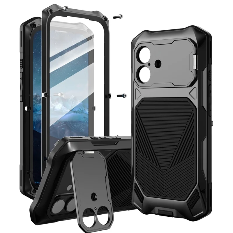 For iPhone 17 Magnetic Case Military Grade Shockproof Metal Silicone Cover with Lens Frame Kickstand - Black