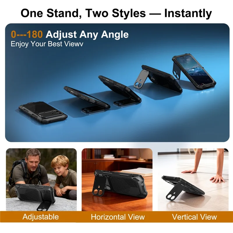 For iPhone 17 Magnetic Case Military Grade Shockproof Metal Silicone Cover with Lens Frame Kickstand - Black