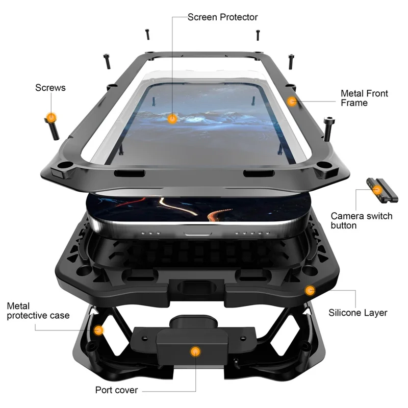 For iPhone 17 Magnetic Case Military Grade Shockproof Metal Silicone Cover with Lens Frame Kickstand - Black