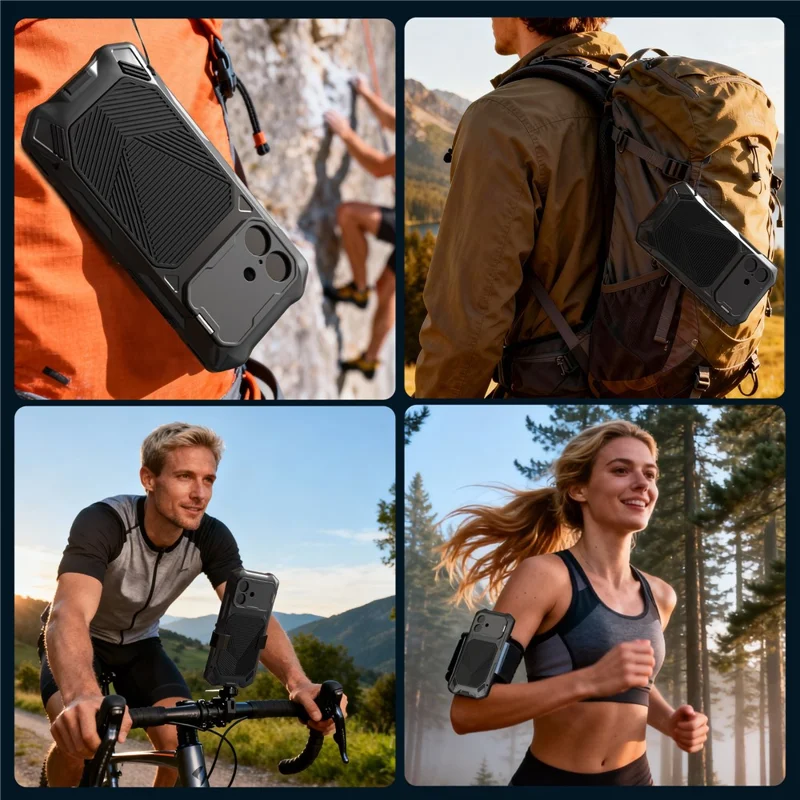 For iPhone 17 Magnetic Case Military Grade Shockproof Metal Silicone Cover with Lens Frame Kickstand - Black