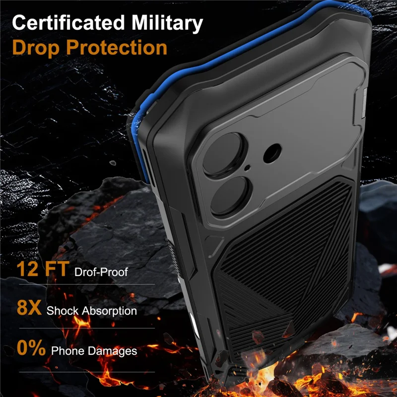For iPhone 17 Magnetic Case Military Grade Shockproof Metal Silicone Cover with Lens Frame Kickstand - Black