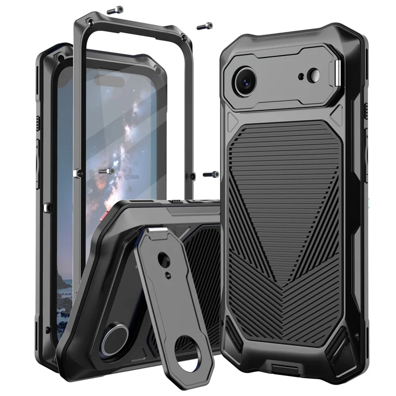 For iPhone Air Magnetic Case Military Grade Shockproof Metal Silicone Cover with Lens Frame Kickstand - Black