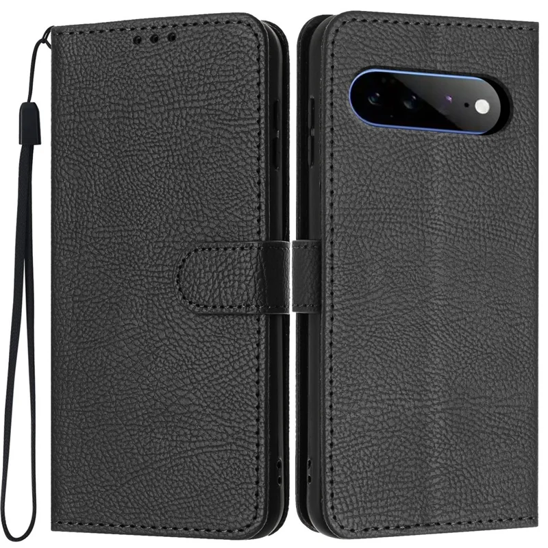 For Google Pixel 11 Pro XL Wallet Case Litchi Texture Leather Flip Cover with Card Slots and Hand Strap - Black