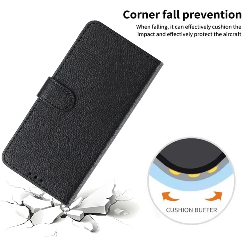 For Google Pixel 11 Pro XL Wallet Case Litchi Texture Leather Flip Cover with Card Slots and Hand Strap - Black