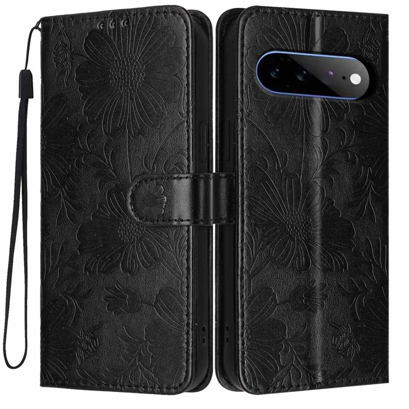 For Google Pixel 11 Pro XL Wallet Case Imprint Floral PU Leather Stand Flip Phone Cover with Wrist Strap - Black
